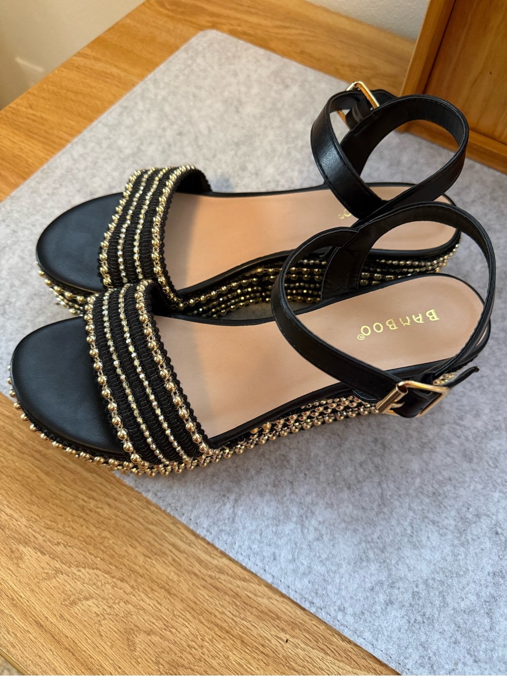 BAMBOO Black Platform Sandals with Gold Bead Accents - Picture 2 of 3